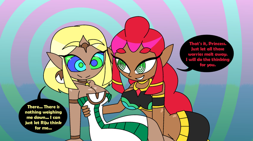 blonde_hair bracelet braid choker cleavage consensual dark_skin dress earrings elf_ears eyebrows_visible_through_hair female_only femdom femsub gerudo gradient_background green_eyes happy_trance hypnoscream jewelry large_breasts makeela_riju nintendo princess_zelda red_hair ring_background ring_eyes shiny_hair shiny_skin short_hair sideboob sitting skirt smile speech_bubble tears_of_the_kingdom text the_legend_of_zelda tied_hair very_long_hair wholesome wide_hips