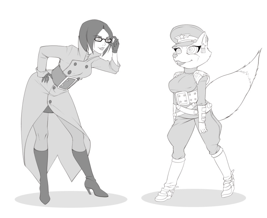 bucky_o'hare_and_the_toad_wars clothed coat crossover erohd female_only femdom femsub furry g.i._joe g.i._joe_renegades glasses greyscale mimi_la_foo monochrome short_hair simple_background standing standing_at_attention the_baroness western white_background