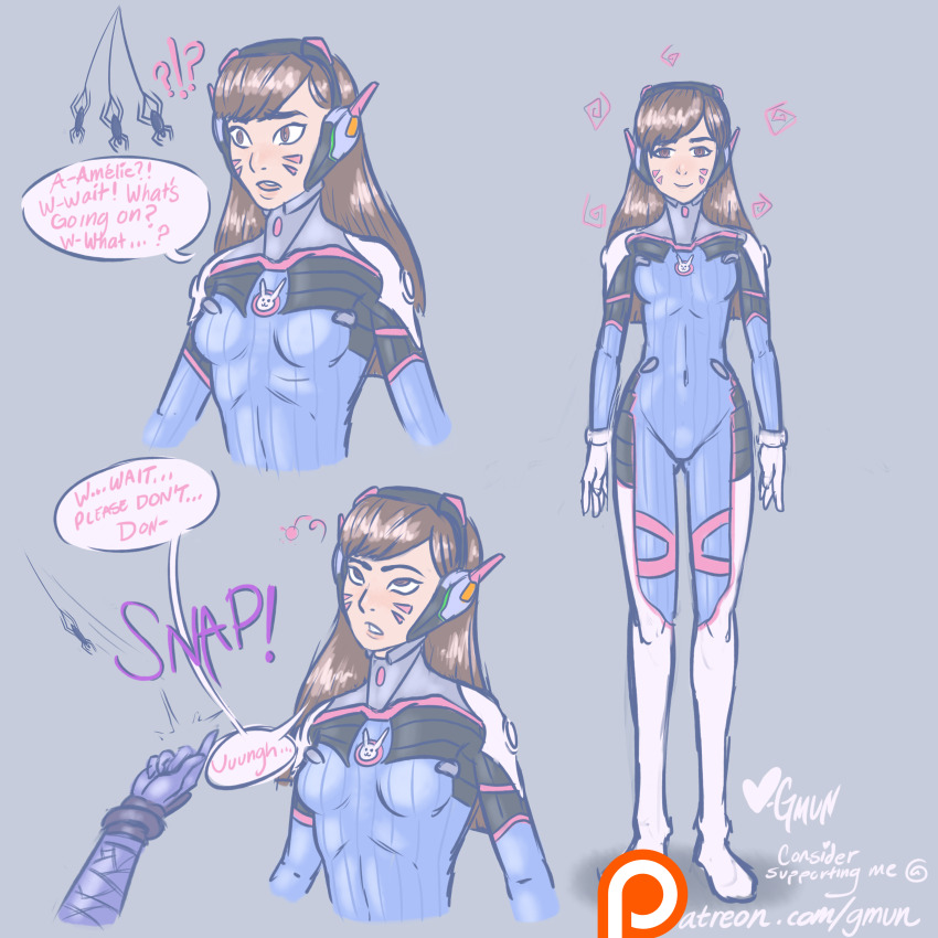 absurdres before_and_after blush breasts brown_hair comic d.va dazed dialogue english_text female_only femdom femsub finger_snap gmun happy_trance headphones large_breasts long_hair open_mouth overwatch pendulum sequence speech_bubble text widowmaker