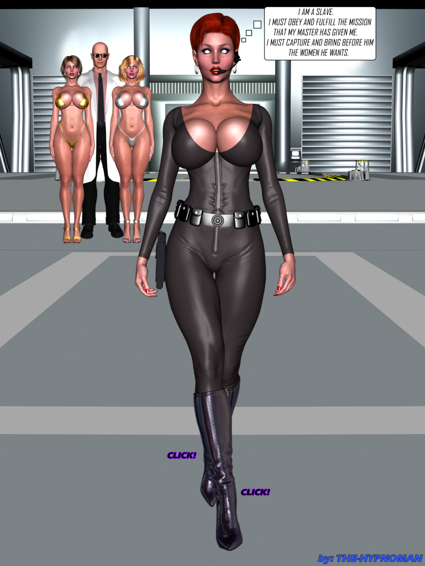3d age_difference andrea_(hypnoman) bald belt bikini blonde_hair bodysuit boots bracelet breasts cleavage collarbone earpiece earrings evil_smile expressionless femsub gun high_heels hot_paradise huge_breasts hypnoman hypnotized_dom jewelry maledom milf netorare pink_lipstick red_hair red_lipstick ring short_hair smile standing standing_at_attention talia_danvers text thick_thighs thong vivian_castle white_eyes