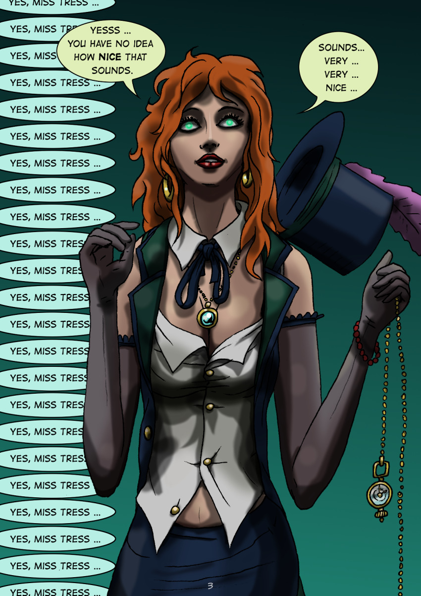 breasts comic dialogue empty_eyes female_only femdom femsub game_of_wits hypnotized_hypnotist large_breasts long_hair mantra open_mouth original red_hair smile super_hero text top_hat turning_the_tables volyova western