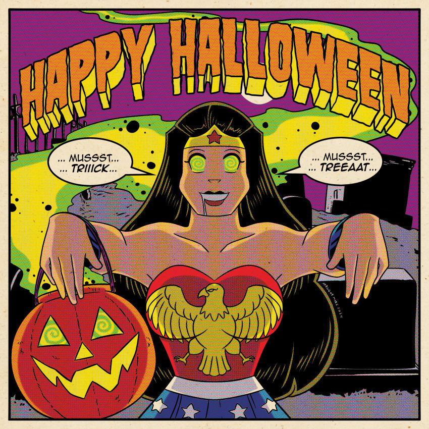 columbia_(maggotmike) costume dc_comics dialogue drool female_only femsub halloween happy_trance hypnotic_gas lipstick maggotmike original pumpkin speech_bubble spiralwash_eyes text tube_top wonder_woman wrist_band zombie_walk