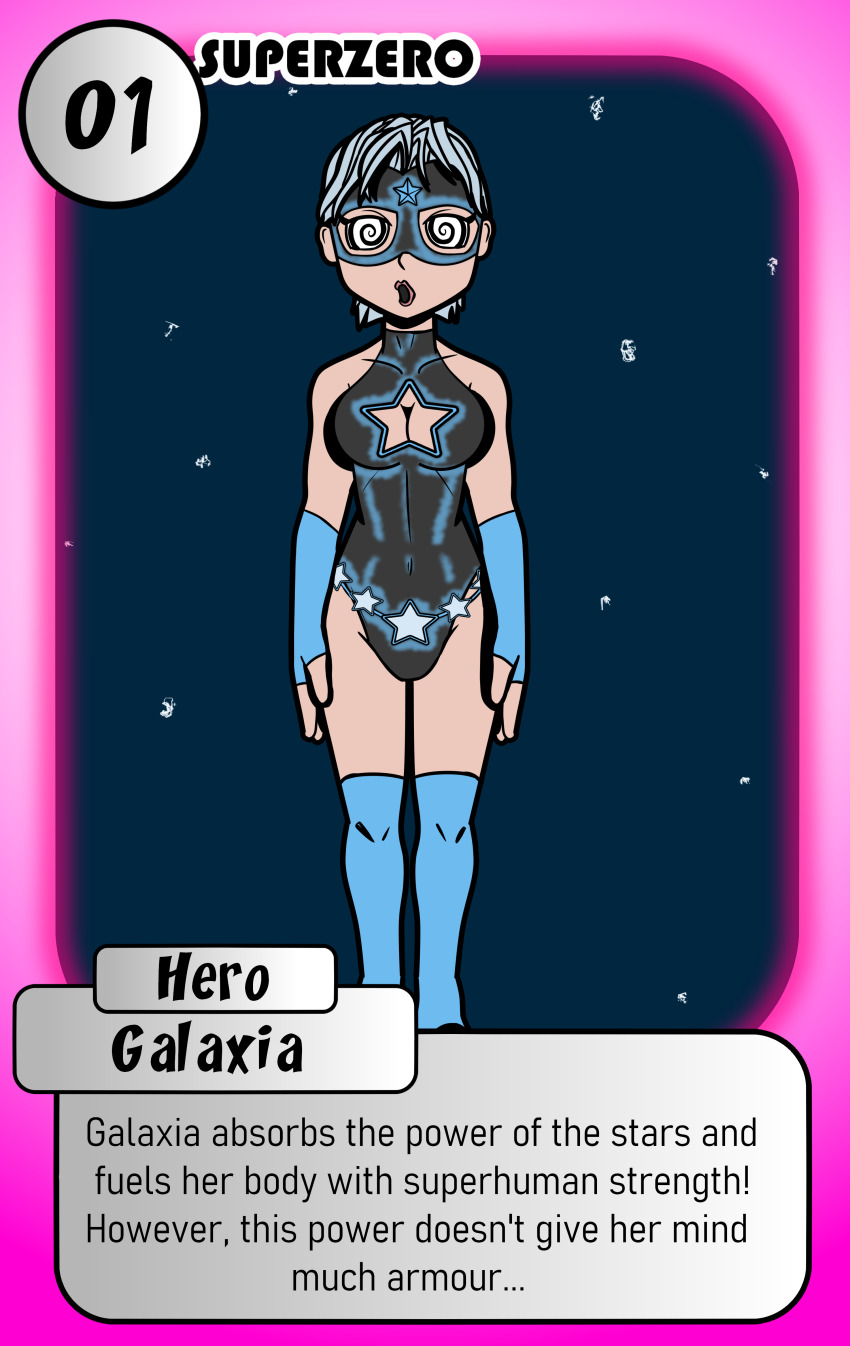 breasts card cleavage cleavage_cutout femsub galaxia_(isankura) isankura original solo spiral_eyes standing standing_at_attention super_hero symbol_in_eyes