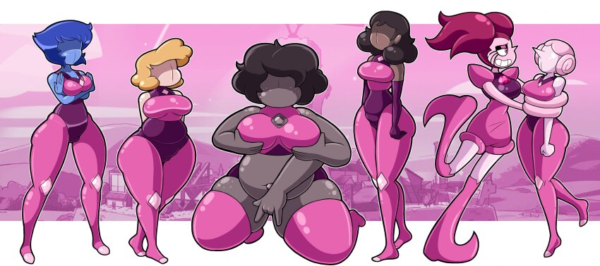 absurdres arms_behind_back blonde_hair blue_hair blue_skin breast_grab brown_hair connie_maheswaran crossed_arms dark_skin faceless femdom femsub grey_skin holding_breasts lapis_lazuli large_breasts light_skin long_hair masturbation multiple_girls multiple_subs navel outdoors pink_eyes pink_hair pink_pearl/volleyball pink_skin sadie_miller short_hair singlesalt smoky_quartz spinel_(steven_universe) steven_universe twintails