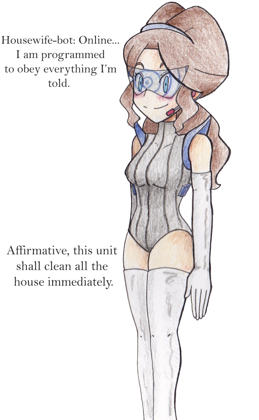 absurdres blue_eyes brown_hair disguised_hypnotist empty_eyes female_only femsub happy_trance nintendo pokemon pokemon_black_and_white robotization solo spiral standing standing_at_attention stepfordization tech_control text unova_mother_(bw) visor