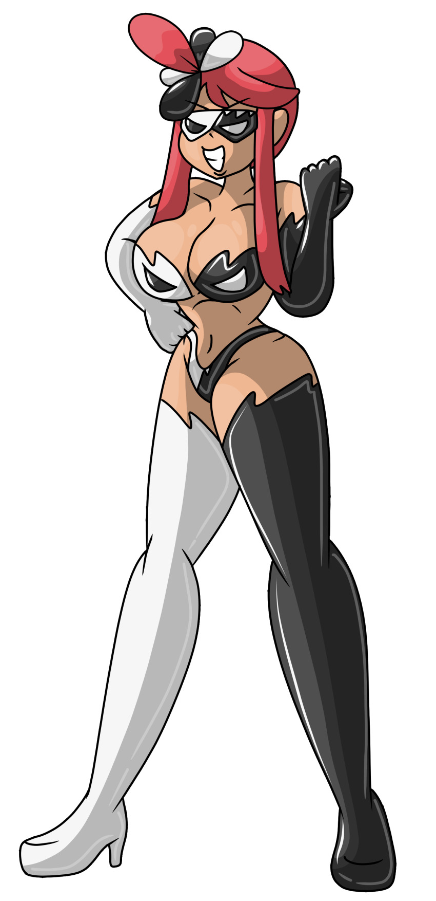 absurdres alternate_costume breasts clothed corruption enemy_conversion evil_smile eye_mask femsub gloves hand_on_hip happy_trance hypnotic_clothing hypnotic_mask large_breasts mask midriff navel nintendo opera_gloves pokemon pokemon_(anime) pokemon_black_and_white pokemon_masters protoybonnie red_hair simple_background skyla smile solo team_break thighhighs transparent_background