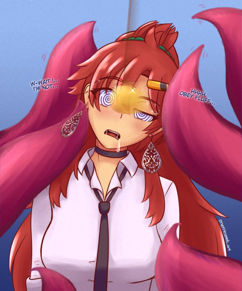 absurdres anno_(anno) autumn_(nettleseeds) blush choker clothed dialogue drool earrings female_only femsub fox_tail long_hair multiple_tails nettleseeds open_mouth original pendulum ponytail red_hair spiral_eyes spiralwash_eyes symbol_in_eyes tail text tie