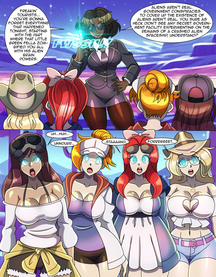 absurdres aurora_(jabberwocky) bare_legs black_hair blonde_hair brain_drain breasts brown_hair cleavage cleavage_cutout collarbone comic cowboy_hat crop_top crossed_eyes dark_skin dazed dialogue dress femdom femsub glasses glowing glowing_eyes hair_ribbon hand_on_hip hat holly_the_dolly_(hollydolly) hypnotic_light jean_shorts light_skin long_hair memory_alteration men_in_black midriff multiple_girls multiple_subs naz_(maurislave) neuralizer night open_mouth orange_hair original outdoors ponytail red_hair shirt short_hair short_shorts shorts single_hair_bun speech_bubble suit sunglasses svetta_(svettak92) tech_control text zorro-zero