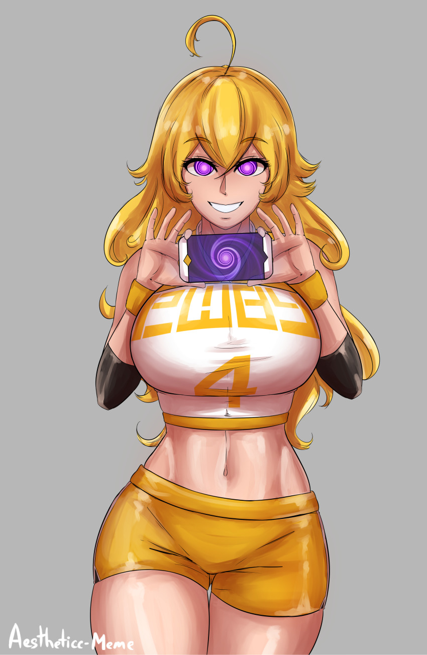 absurdres aestheticc-meme ahoge blonde_hair breasts cell_phone female_only femsub gym_uniform happy_trance hypnotic_screen icontrol_(manipper) large_breasts long_hair looking_at_viewer manip navel rwby shorts smile solo spiral_eyes symbol_in_eyes wrist_band yang_xiao_long