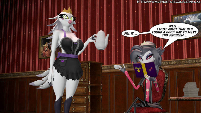3d apron beak bird_girl book breasts cleavage clothed crown dialogue female_only femsub furry helluva_boss kaa_eyes large_breasts latinkaixa maid multiple_girls naked_apron octavia_(helluva_boss) open_mouth pink_sclera ring_eyes signature sitting speech_bubble standing standing_at_attention stella_(helluva_boss) text white_eyes white_skin