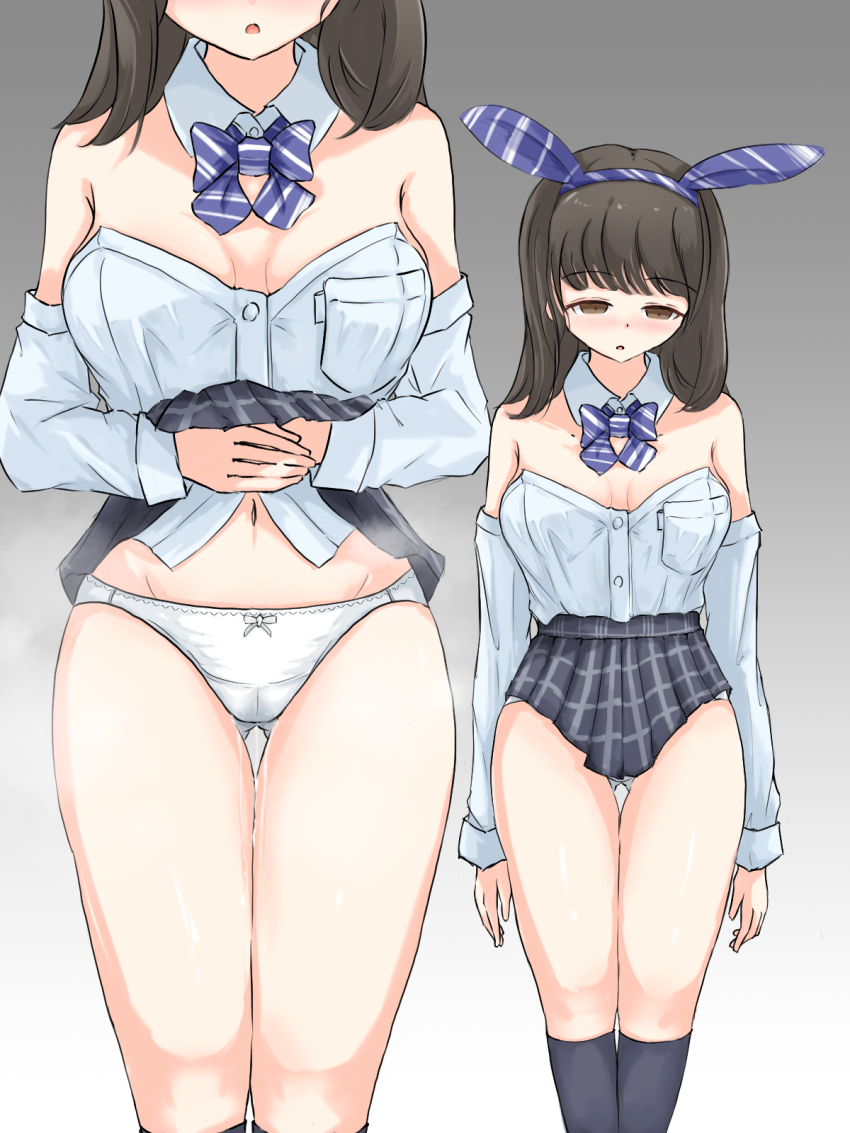 before_and_after blush bow bow_tie breasts brown_eyes brown_hair bunny_ears bunny_girl bunnysuit cleavage clothed clothed_exposure collar comic empty_eyes expressionless female_only femsub hair_ornament hairband legs midriff nagi navel open_mouth original panties pussy_juice ribbon school_uniform shirt_lift simple_background skirt skirt_lift socks standing thighs unaware underwear undressing undressing_command
