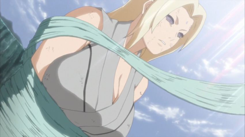 blonde_hair breasts cleavage coils expressionless femsub huge_breasts large_breasts naruto_(series) open_mouth plant purple_eyes ring_eyes rinnegan screenshot spoilers standing standing_at_attention tsunade