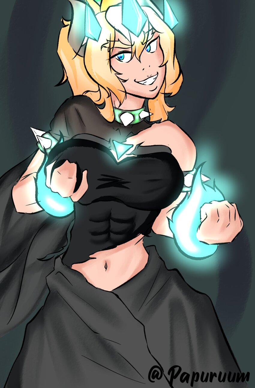 bare_shoulders blonde_hair bowser bowsette bracelet breasts cleavage corruption crossover crystal dress elf_ears evil_smile femsub genderswap glowing glowing_eyes green_background happy_trance holding_breasts horns jewelry league_of_legends maledom midriff new_super_mario_bros._u_deluxe nintendo open_mouth papuruum possession royalty ruination super_crown super_mario_bros. tail viego_(league_of_legends)