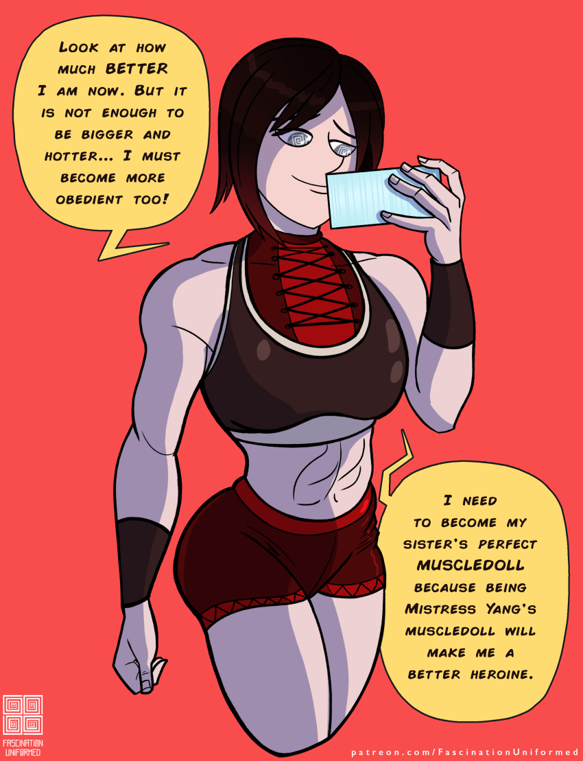 absurdres black_hair collarbone dialogue female_only femdom femsub glowing_eyes gym_uniform happy_trance incest midriff mr_scade multicolored_hair muscle_girl red_hair ruby_rose rwby short_hair short_shorts shorts signature simple_background smile solo speech_bubble spiral_eyes sports_bra standing tagme text