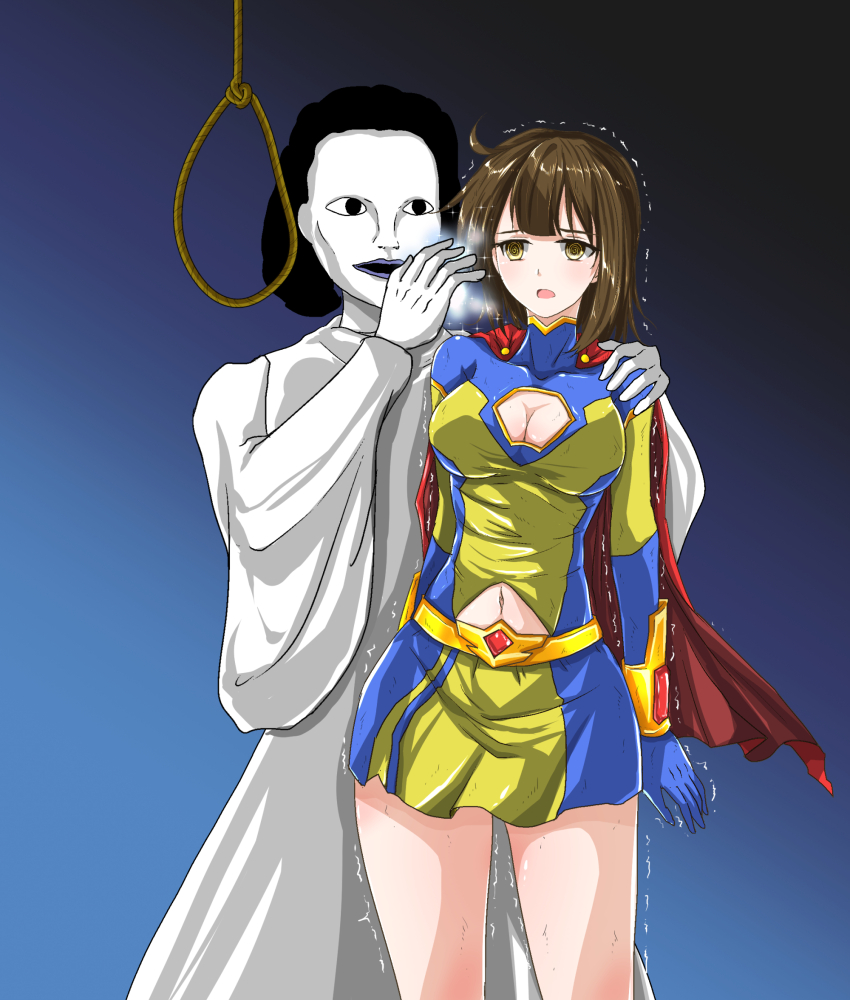 ahoge belt brown_hair cape cleavage dazed femsub gloves glowing gradient_background imminent_death madao maledom navel nightmare_fuel open_mouth peril short_hair simple_background skirt spiral_eyes standing super_hero symbol_in_eyes trembling white_skin yellow_eyes