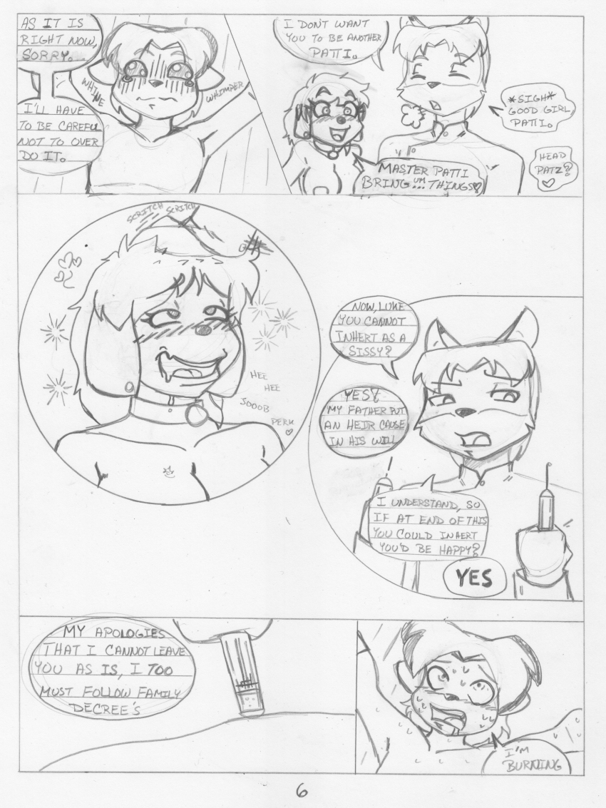 absurdres blush bottomless breasts collar comic crazycowproductions dog_girl drool earrings empty_eyes femsub franklin_fox furry greyscale happy_trance injection jewelry large_breasts luka_morgan maledom malesub monochrome original patti_pooch smile text topless
