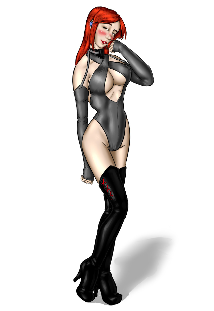 absurdres blush boots breasts brown_eyes cleavage collar female_only femsub freckles gloves happy_trance high_heels large_breasts lip_biting opera_gloves original red_hair rotem_dishon tech_control thigh_boots
