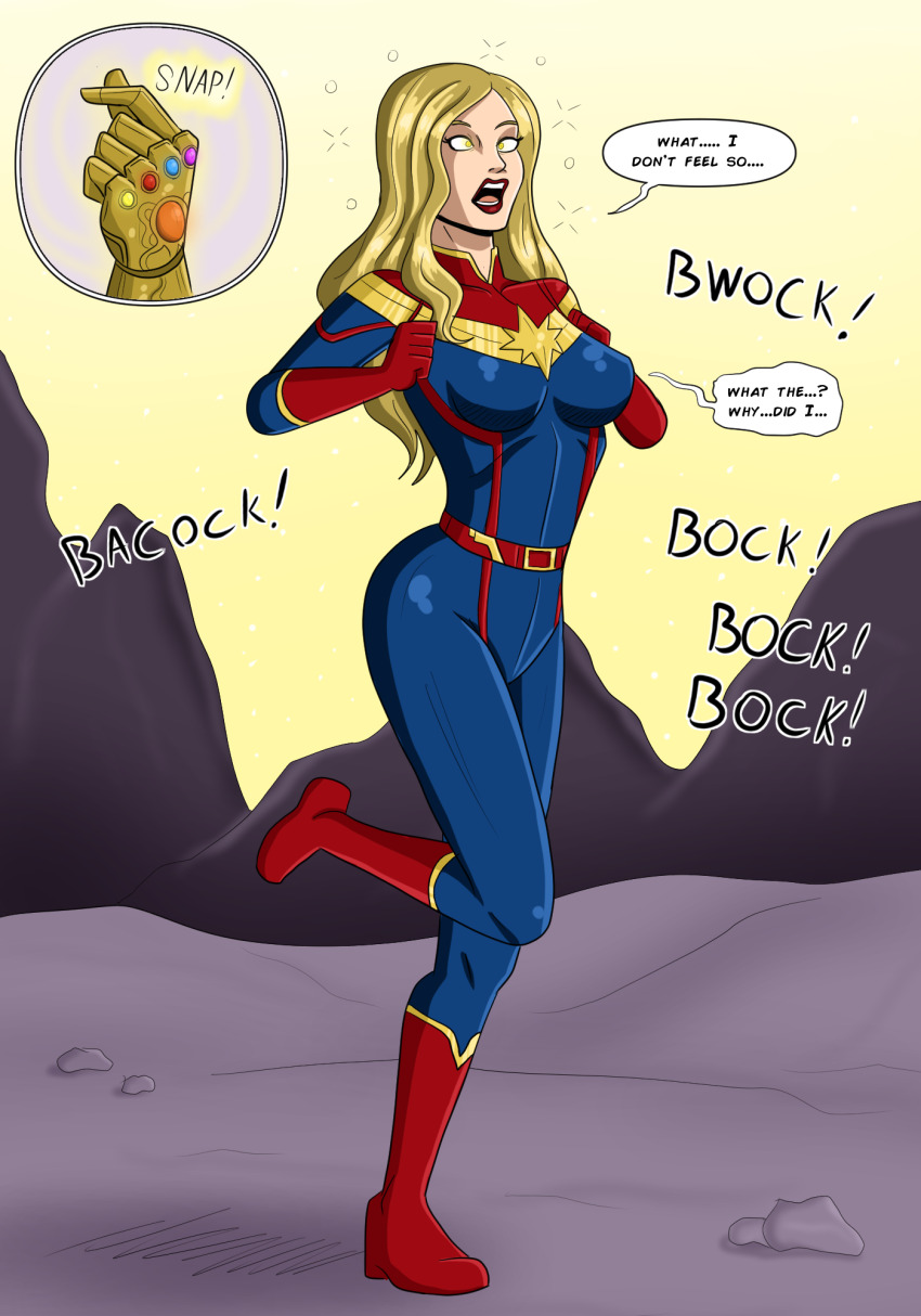 blonde_hair breasts captain_marvel carol_danvers chicken_pose dialogue femsub finger_snap glowing glowing_eyes hypnotic_accessory large_breasts long_hair marvel_comics pet_play polmanning super_hero text thanos the_avengers western yellow_eyes