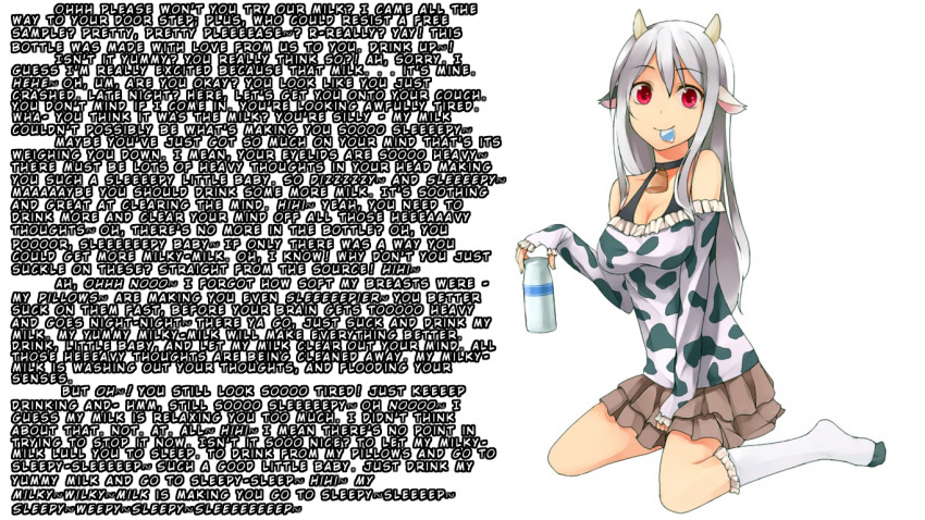 caption caption_only cow_girl cowbell fancyaddiction_(manipper) femdom hucow hypnotic_drink hypnotic_drug looking_at_viewer manip pov pov_sub red_eyes sleep_command text white_hair