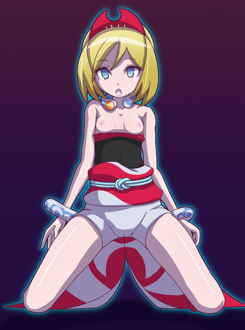 absurdres batta18th blonde_hair blue_eyes bottomless breasts cameltoe clothed_exposure empty_eyes female_only femsub glowing irida_(pokemon_legends_arceus) nintendo pokemon pokemon_legends_arceus pokemon_trainer short_hair sleepy small_breasts topless