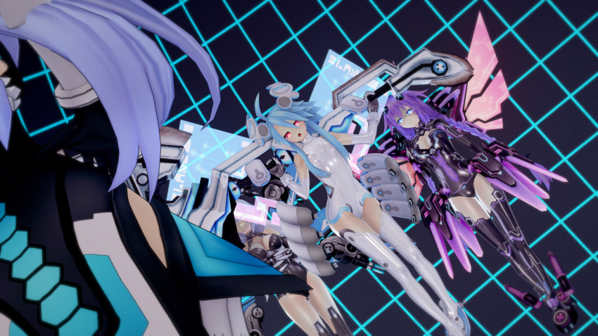 3d ahoge angry bare_shoulders blue_hair boots cleavage female_only femdom femsub gloves glowing_eyes hair_ornament hyperdimension_neptunia hypnotized_assistant koikatsu! large_breasts leotard multiple_girls multiple_subs opera_gloves purple_hair purple_heart red_eyes rei_ryghts small_breasts smile symbol_in_eyes taihou1944 thigh_boots thighhighs twin_braids white_hair white_heart wings