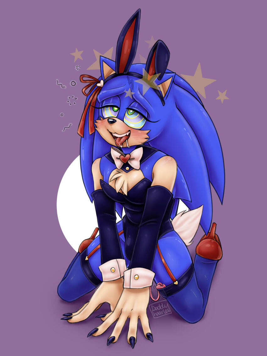 blue_hair blue_skin blush bunny_ears bunnysuit daddy_chaarles dialogue drool femboy furry garter_straps happy_trance hedgehog_boy high_heels kneeling long_hair male_only malesub open_mouth ring_eyes simple_background sonic_the_hedgehog sonic_the_hedgehog_(series) text thighhighs tongue tongue_out