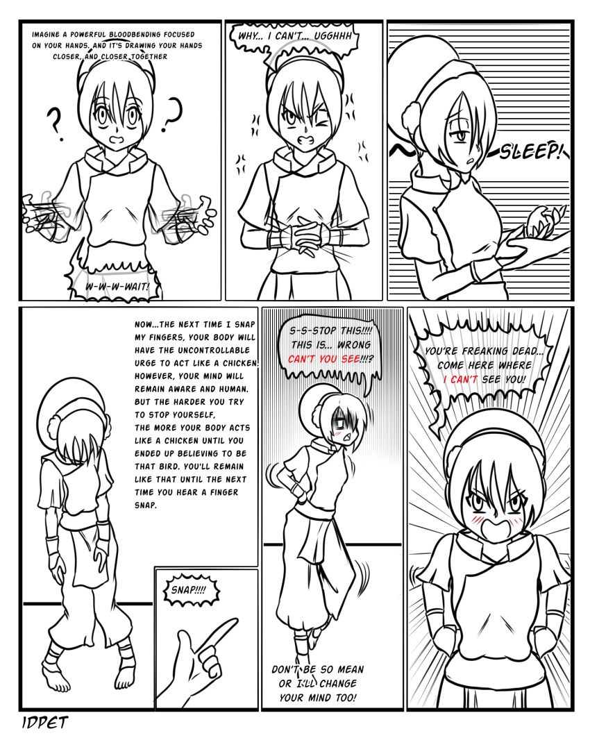 angry avatar_the_last_airbender aware barefoot chicken_pose clothed comic dialogue feet femsub idpet lineart monochrome nickelodeon pet_play resisting stage_hypnosis text toph unhappy_trance western