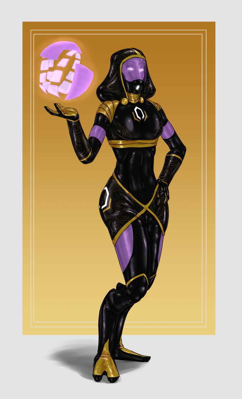 absurdres alien alien_girl blush bodysuit boots breasts corruption female_only femsub glowing glowing_eyes large_breasts latex mass_effect purple_skin quarian rotem_dishon simple_background small_breasts solo tali'zorah_nar_rayya tech_control thigh_boots western