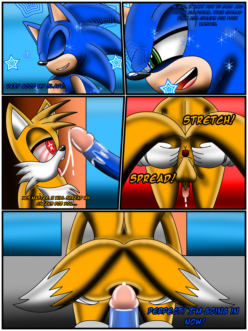 absurdres ass comic dialogue exkaizuhan furry male_only maledom malesub miles_tails_prower penis sonic_the_hedgehog sonic_the_hedgehog_(series) spiral_eyes symbol_in_eyes text yaoi