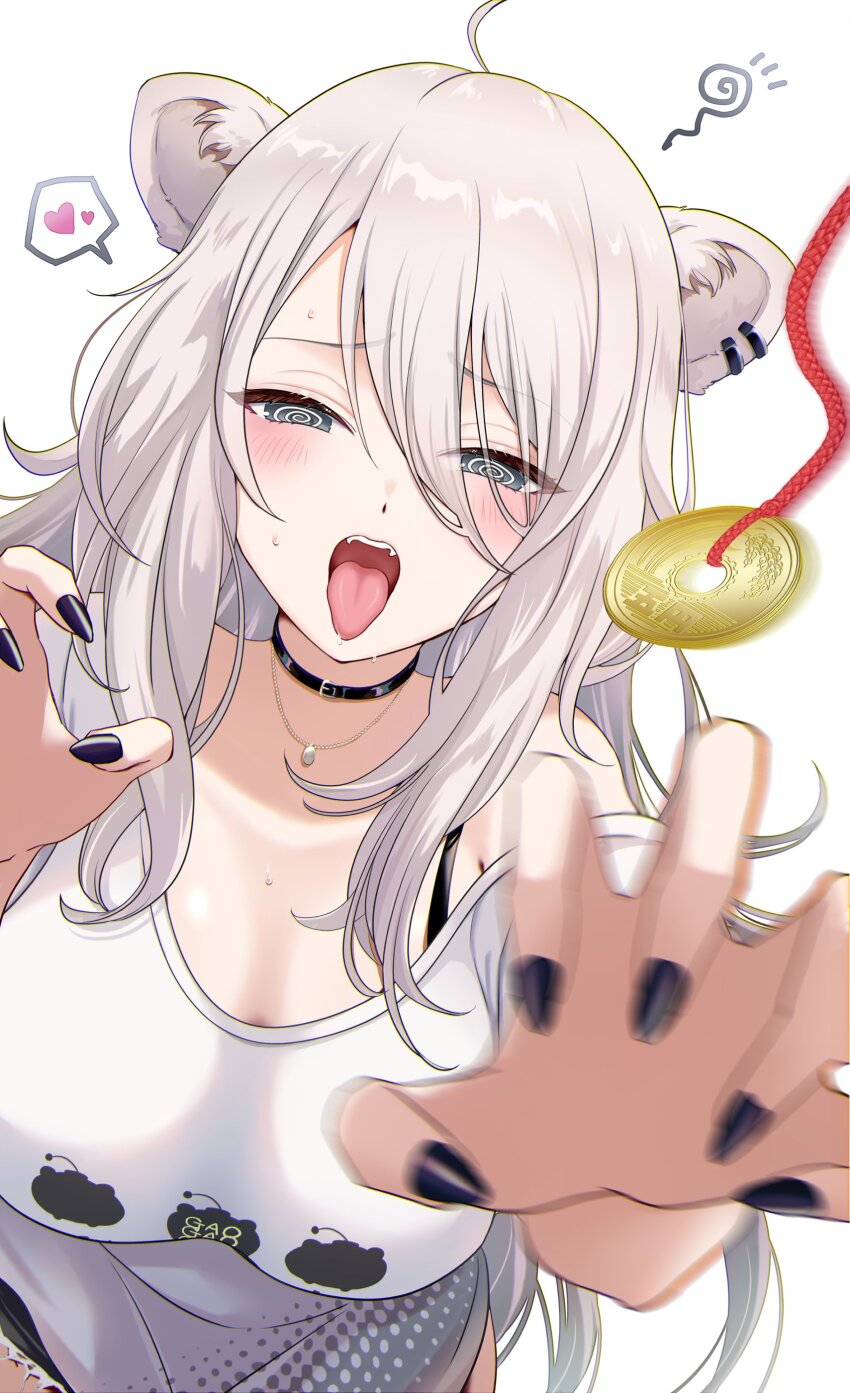 absurdres ahoge animal_ears bangs blush breasts choker cleavage clothed coin dazed earrings fangs female_only femsub grey_eyes grey_hair heart hololive jewelry kudoukudokudo_(24_owl15) large_breasts lion_girl long_hair looking_at_viewer nail_polish necklace open_mouth pendulum pov pov_dom shishiro_botan simple_background solo spiral_eyes sweat symbol_in_eyes tongue tongue_out virtual_youtuber white_background
