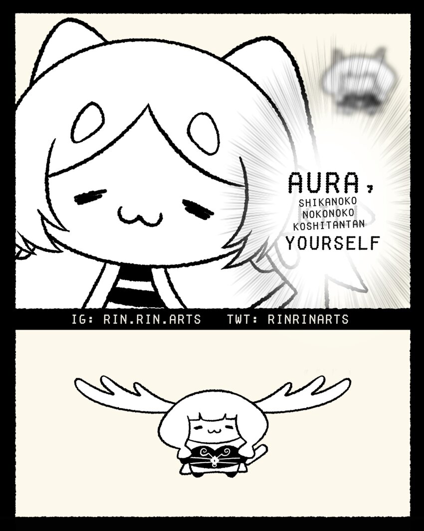 antlers aura_(frieren:_beyond_journey's_end) chibi clothed deer_girl demon_girl dress elf elf_ears eyebrows_visible_through_hair female_only femdom femsub frieren frieren:_beyond_journey's_end horns humor meme my_deer_friend_nokotan rinrinarts text transformation twintails