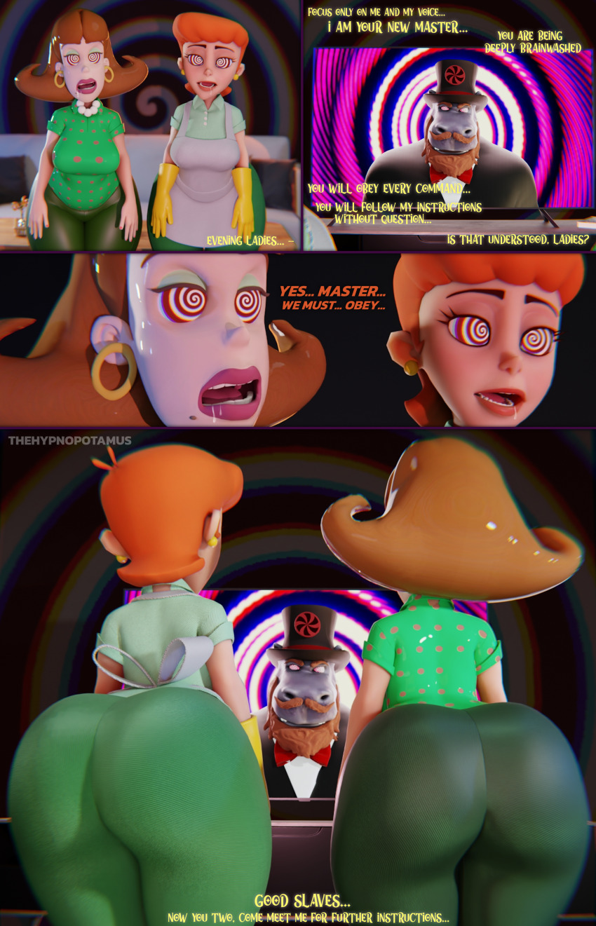 3d clothed dexter's_laboratory drool earrings femsub furry gloves harry_hippo_(hypnopotamus) hippo_boy huge_ass hypnotic_eyes hypnotic_screen jimmy_neutron_(series) judy_neutron maledom milf mom_(dexter's_lab) original spiral_background spiral_eyes tech_control thehypnopotamus thick_thighs tv