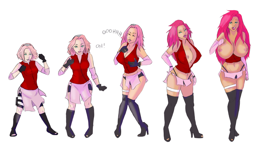 absurdres before_and_after bimbofication boots breasts comic dark_skin ebonization erect_nipples femsub gloves green_eyes groping hair_growth high_heels huge_breasts naruto_(series) nipples open_clothes opera_gloves pink_hair sakura_haruno sketch text thigh_boots tongue tongue_out topless traditional trampy_hime transformation