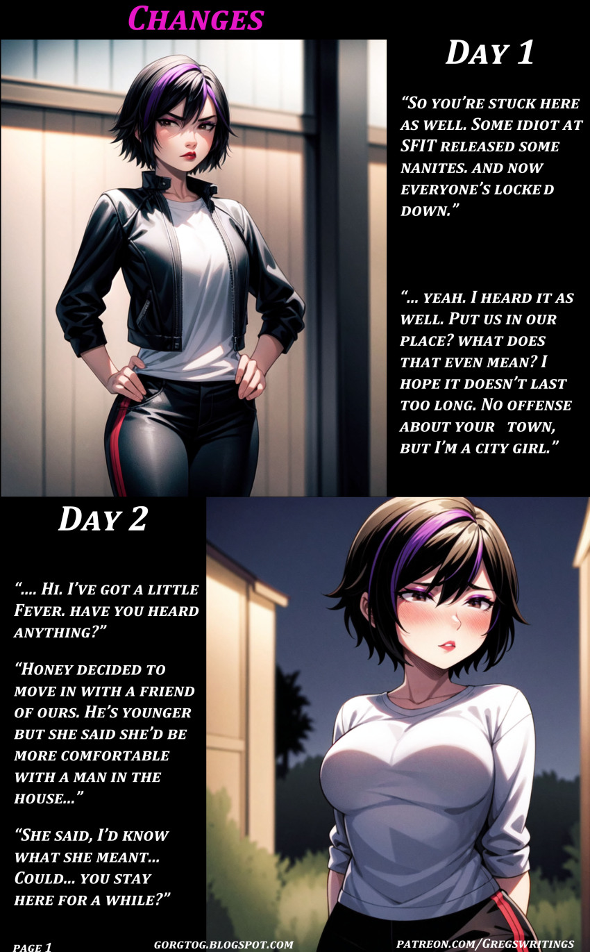 absurdres ai_art angry before_and_after big_hero_6 black_hair blush caption collarbone comic dialogue gogo_tomago gregory_michelson_(generator) hand_on_hip jacket large_breasts night outdoors pants sequence shirt short_hair text transformation