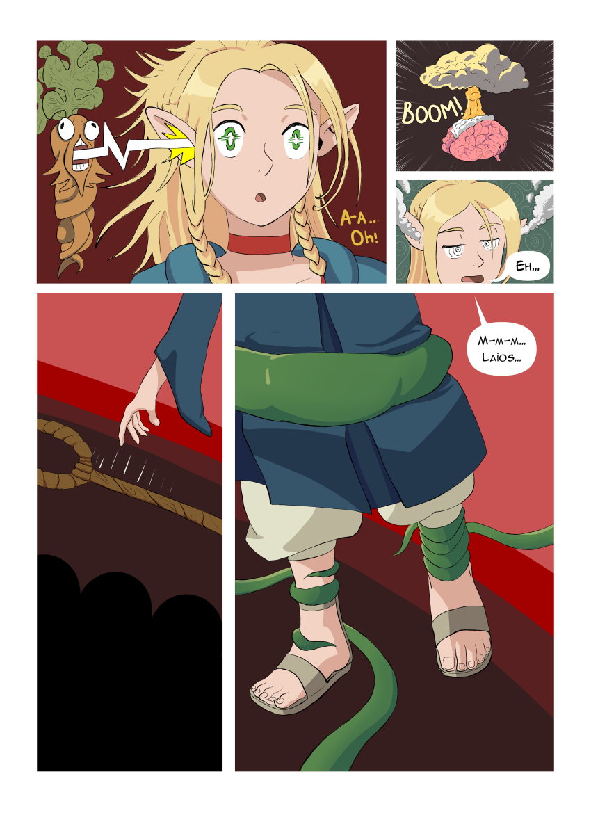 blonde_hair brain comic delicious_in_dungeon elf_ears feet glatu green_eyes hypnotic_plant magic marcille_donato plant sandals surprised tentacles