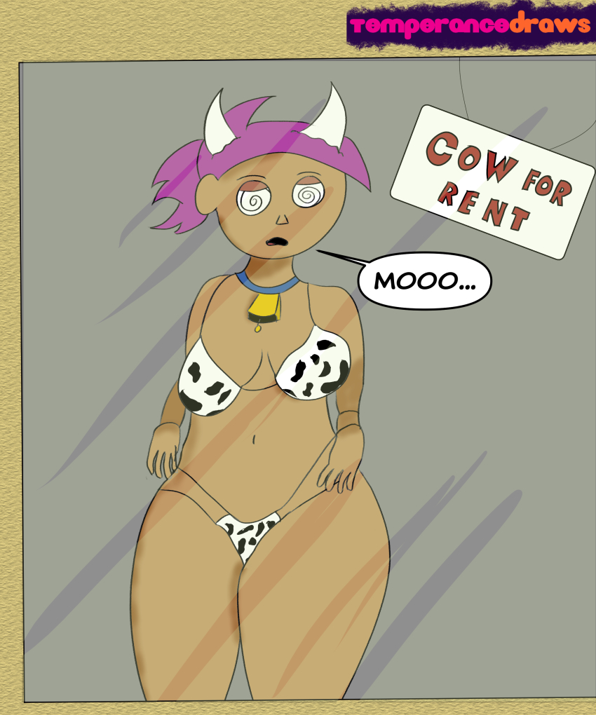 absurdres breasts collar cow_girl cowbell dark_skin enid_(ok_ko) female_only femsub horns ok_k.o.!_let's_be_heroes open_mouth purple_hair short_hair simple_background solo spiral_eyes symbol_in_eyes temperancedraws text