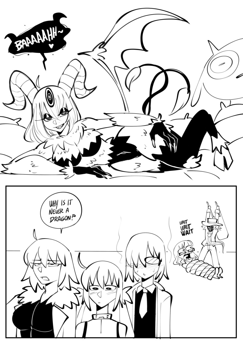 ahoge angry artoria_caster_(fate) assertive_sub blush breasts chair claws clinickcase clothed corruption demon demon_girl dialogue edmond_dantes_(fate) eldritch embarrassed english_text eyelashes eyeshadow fate/grand_order fate_(series) femdom femsub glasses goat_girl goddess greyscale hair_covering_one_eye hat heart high_heels hooves horns hourglass_figure humor jacket jacques_de_molay_(foreigner) jeanne_alter large_breasts lineart long_hair long_nails lying makeup mashu_kyrielight midriff monochrome multiple_girls multiple_tails naughty_face navel nude open_mouth pants posing possession presenting restrained ritsuka_fujimaru_(female) rope scared seductive_smile short_hair shub-niggurath simple_background smile speech_bubble spiral spiral_eyes sweat symbol_in_eyes tail text thighs third_eye tie tongue tongue_out weapon white_background wings yuri