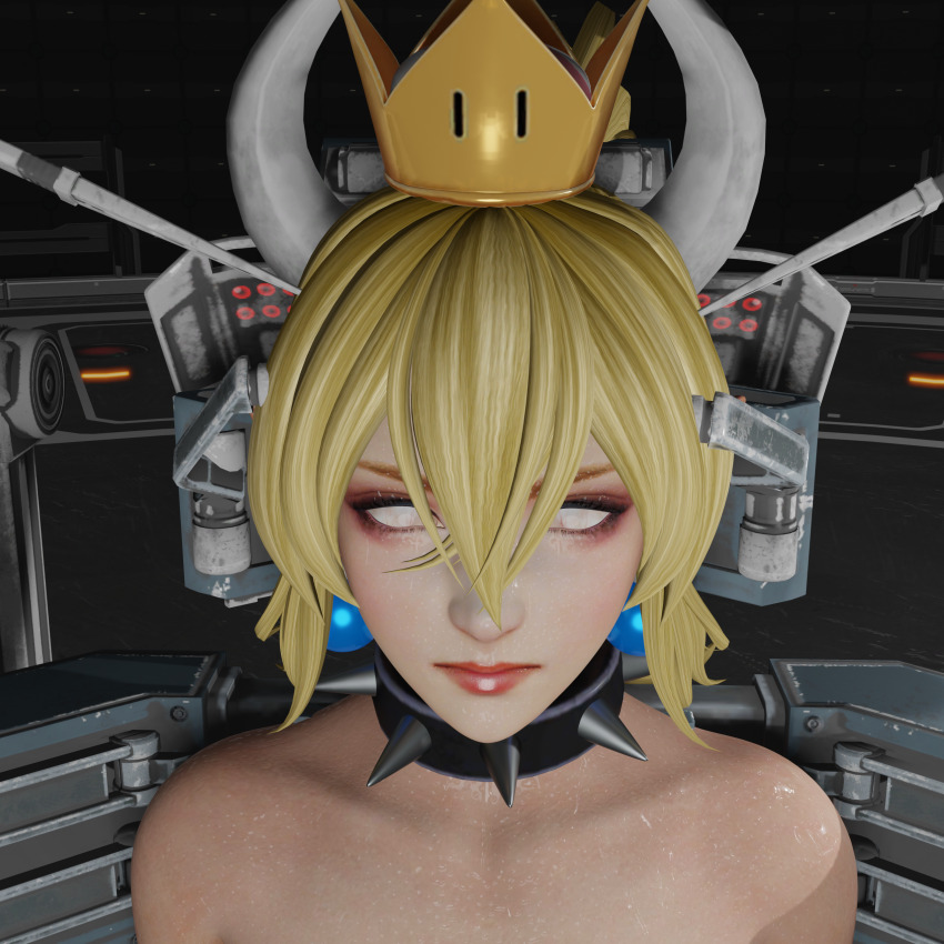 3d blonde_hair bowser bowsette brain_injection choker collar crown earrings esccc exposed_chest expressionless femsub horns new_super_mario_bros._u_deluxe nintendo nude ponytail restrained super_crown super_mario_bros. sweat whitewash_eyes wufan870203