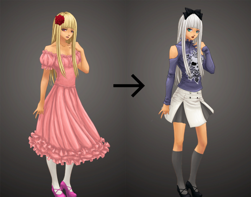before_and_after blonde_hair character_request dress femsub goth gothification original potatojuice skirt transformation white_hair