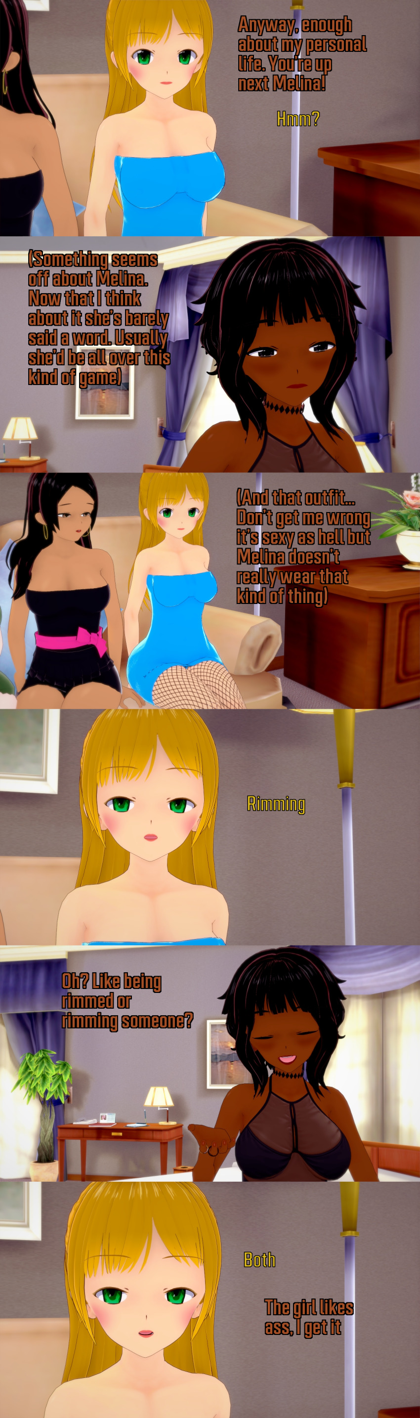 absurdres aware black_eyes black_hair blonde_hair brown_eyes closed_eyes clothed dark_skin dialogue divya_(veritas) english_text green_eyes long_hair melina_(veritas) multiple_girls short_hair simone_(veritas) text veritas zenin1