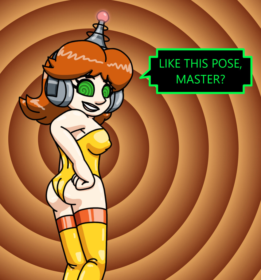 antenna dialogue female_only fembot femsub green_eyes hand_on_hip happy_trance headphones latex leotard looking_at_viewer maledom nintendo posing princess_daisy red_hair robotization short_hair smile speech_bubble spiral_background spiralwash_eyes super_mario_bros. supertechno324 swimsuit tech_control text thigh_boots