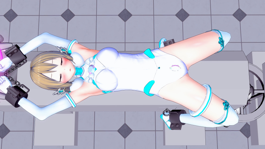 3d arms_above_head blonde_hair blush breasts chains closed_eyes cuffs female_only femsub garter gloves jewelry koikatsu! koimin4 long_hair magical_girl naomi_(koimin4) on_back open_mouth opera_gloves original restrained shoes sleeping solo spread_legs thighhighs