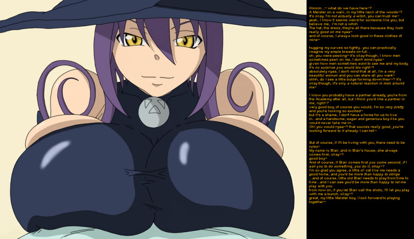 blair breasts caption cat_girl cleavage femdom hat huge_breasts looking_at_viewer male_pov manip pov pov_sub purple_hair skullman2033_(manipper) smile soul_eater text witch witch_hat yellow_eyes
