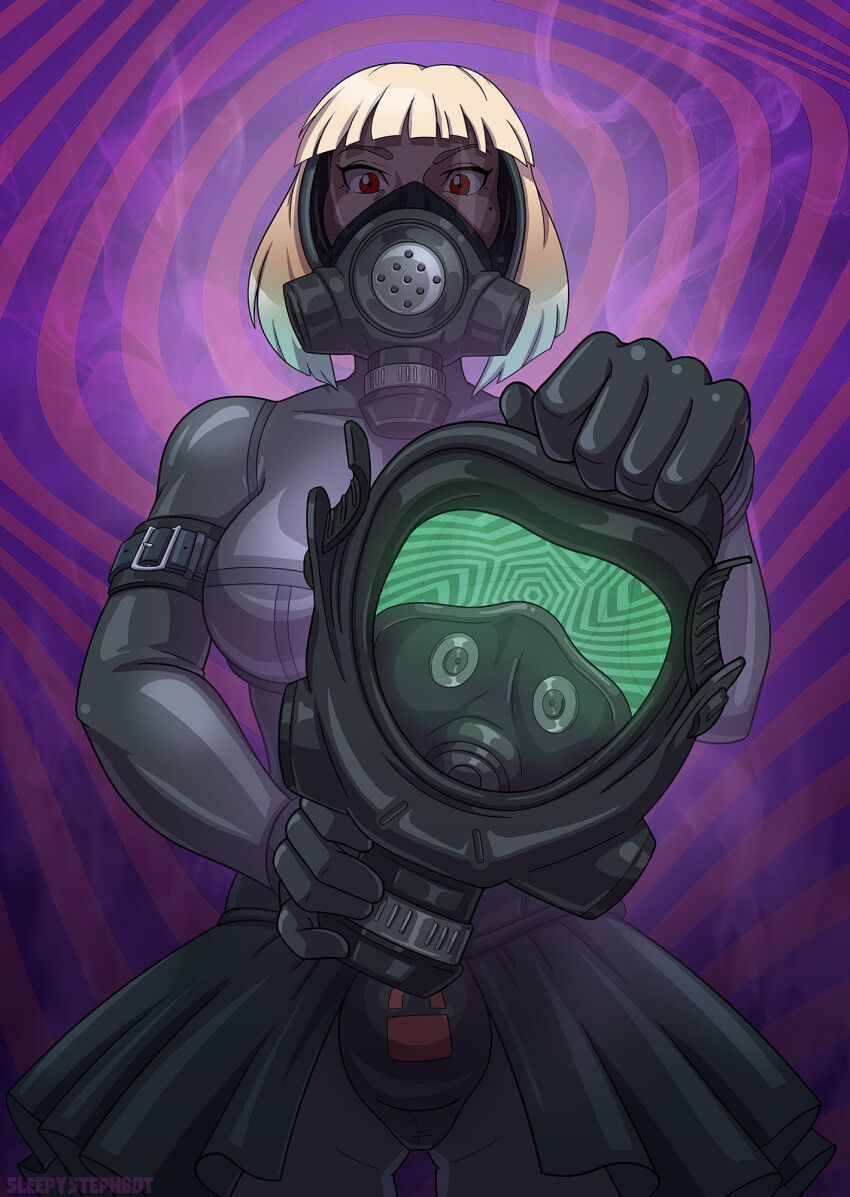 bangs blonde_hair bodysuit bulge chastity futadom futanari gas_mask hypnotic_accessory latex looking_at_viewer mask mole multicolored_hair null_bulge original pov pov_sub red_eyes short_hair sleepystephbot spiral spiral_background standing straight-cut_bangs tech_control visor