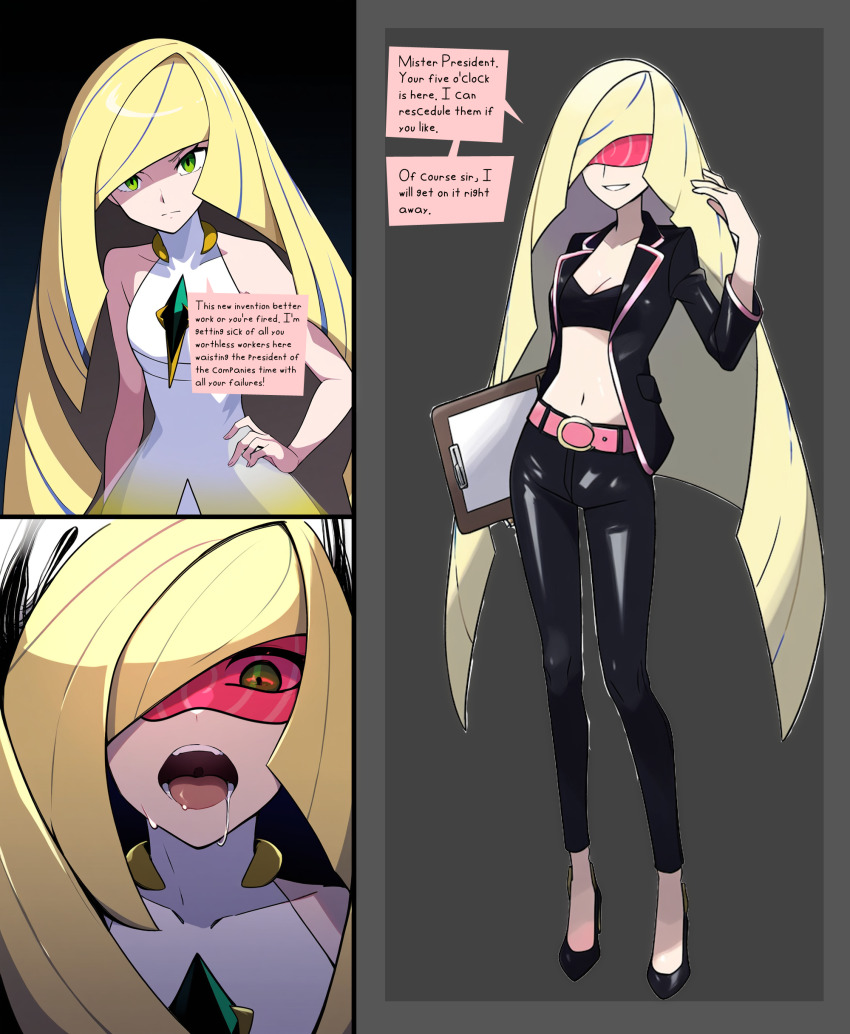 ai_art before_and_after blonde_hair dialogue femsub long_hair lusamine nintendo pokemon text visor