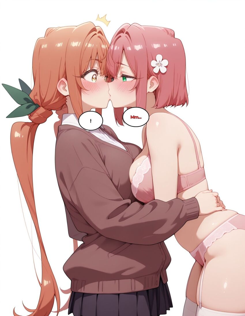 ai_art blonde_hair blush bra dialogue empty_eyes femdom femsub hakari_hanazono karane_inda kissing panties pink_hair school_uniform text the_100_girlfriends_who_really,_really,_really,_really,_really_love_you twintails yuri