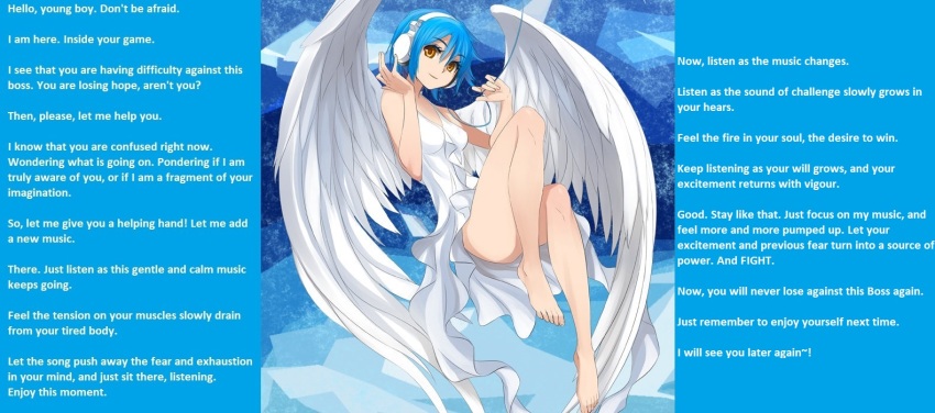 angel angel_girl bare_legs barefoot blue_hair breasts caption dress eternalchaos_(manipper) eyebrows_visible_through_hair female_only femdom headphones hypnotic_music phyrnna pov pov_sub short_hair simple_background sitting small_breasts smile solo text video_game virtual_youtuber wholesome wings yellow_eyes