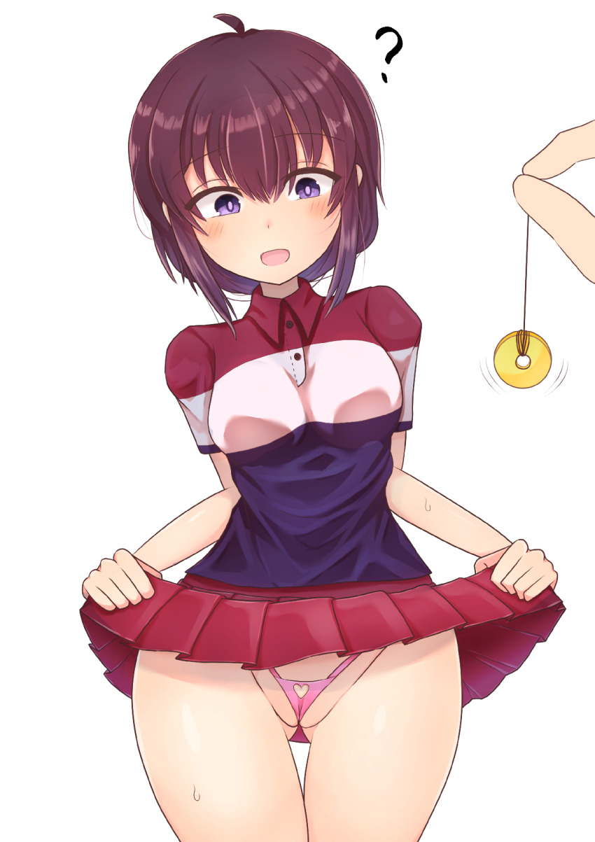 absurdres ahoge amamori anri_sata blush brown_hair coin confused female_only femsub open_mouth pendulum pov_dom purple_eyes short_hair simple_background skirt skirt_lift tagme the_demon_girl_next_door thighs thong white_background