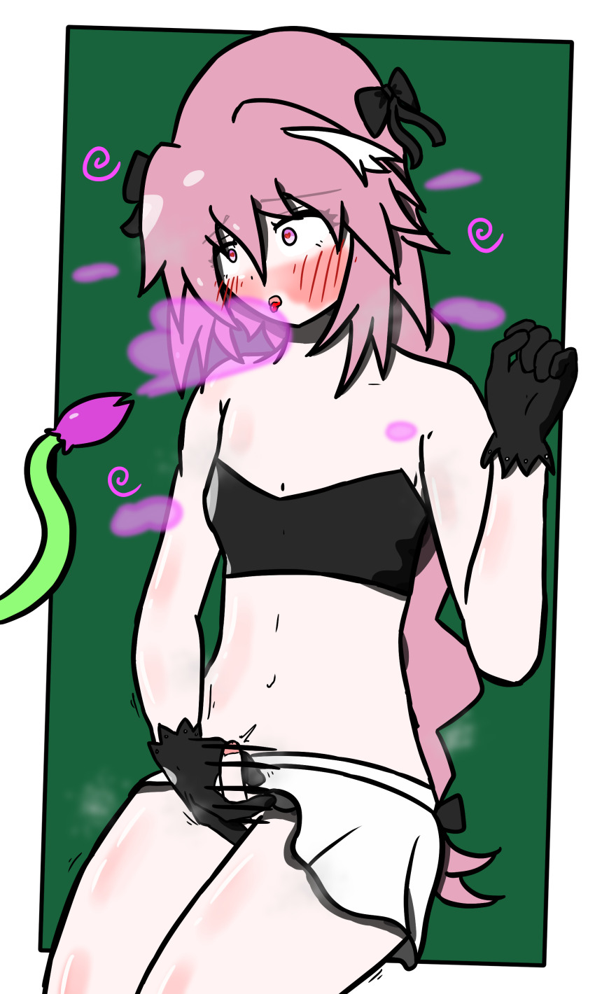 alternate_costume aphrodisiac astolfo_(fate/grand_order) bare_shoulders blush censored fate/grand_order fate_(series) femboy gloves handjob heart heart_eyes hypnotic_plant illumina long_hair male_only malesub masturbation midriff navel open_mouth penis pink_hair plant ponytail simple_background small_penis solo spiral symbol_in_eyes