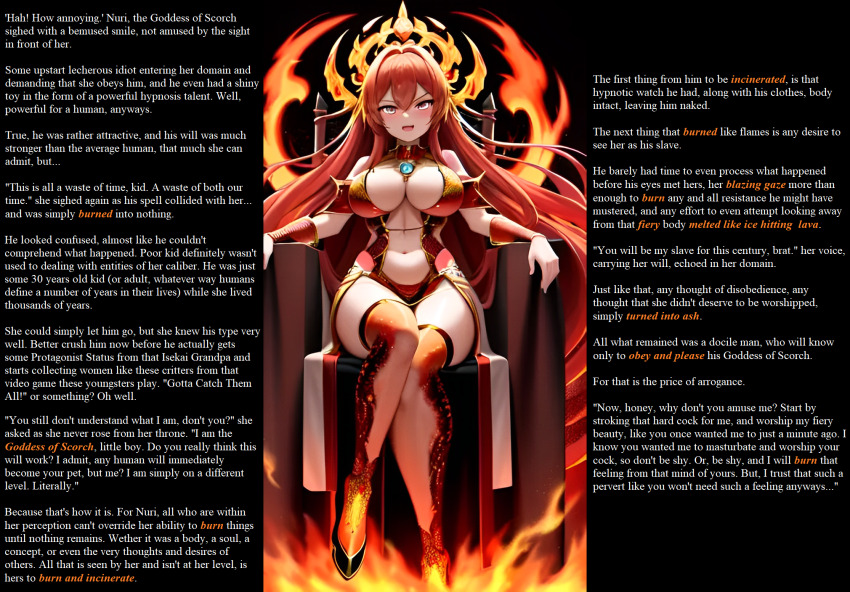 ai_art caption caption_only cleavage crossed_legs crown eternalchaos_(manipper) failed_hypnosis femdom hypnotic_voice large_breasts long_hair masturbation_command patience_ai pov pov_sub red_eyes red_hair sitting text turning_the_tables